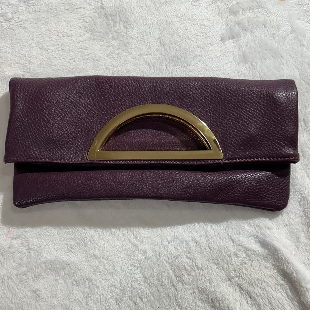 NWOT charming Charlie’s purple leather fold over clutch gold hardware